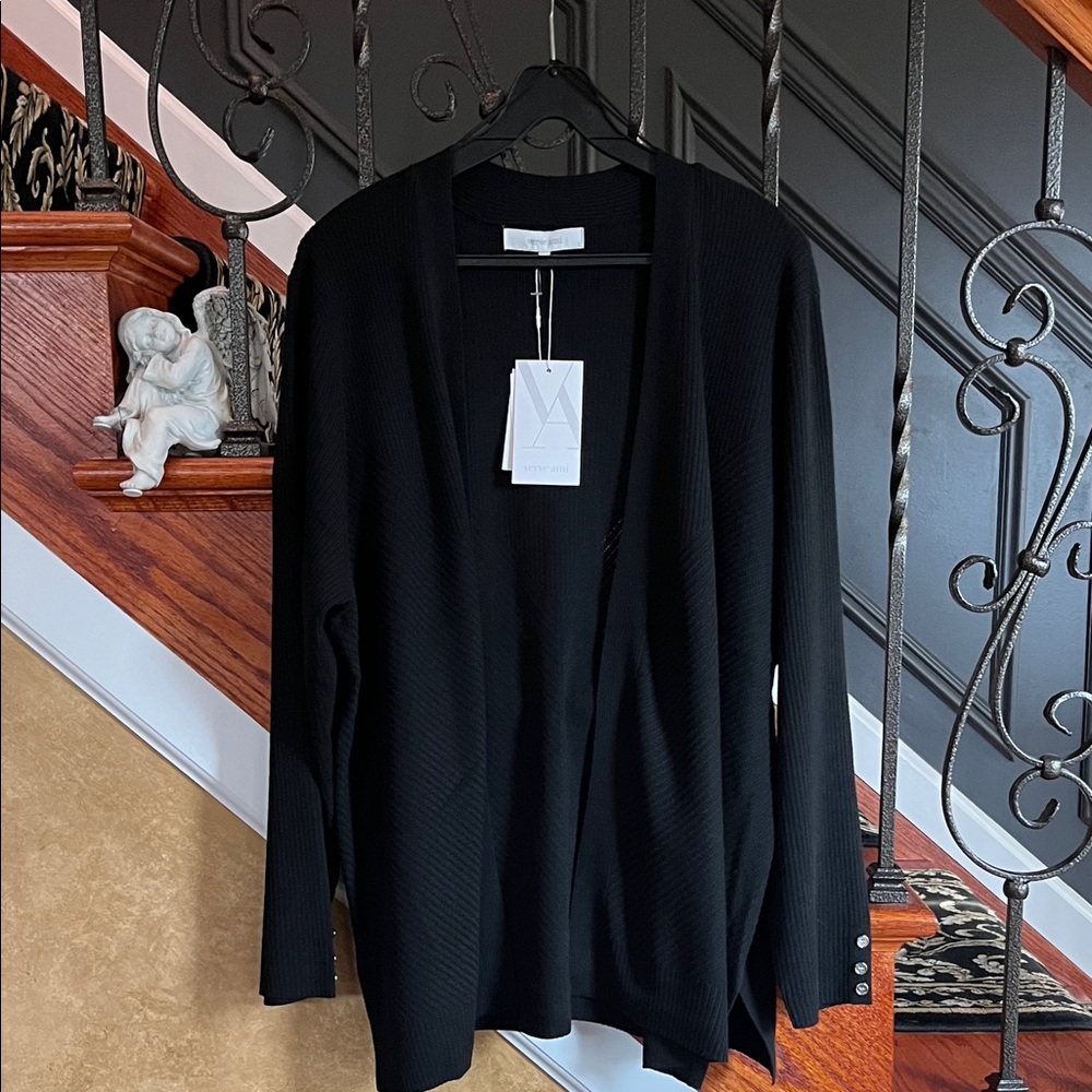 Elegant Plus Size Black Ribbed Women's Cardigan Sweater by Verve Ami in 2X